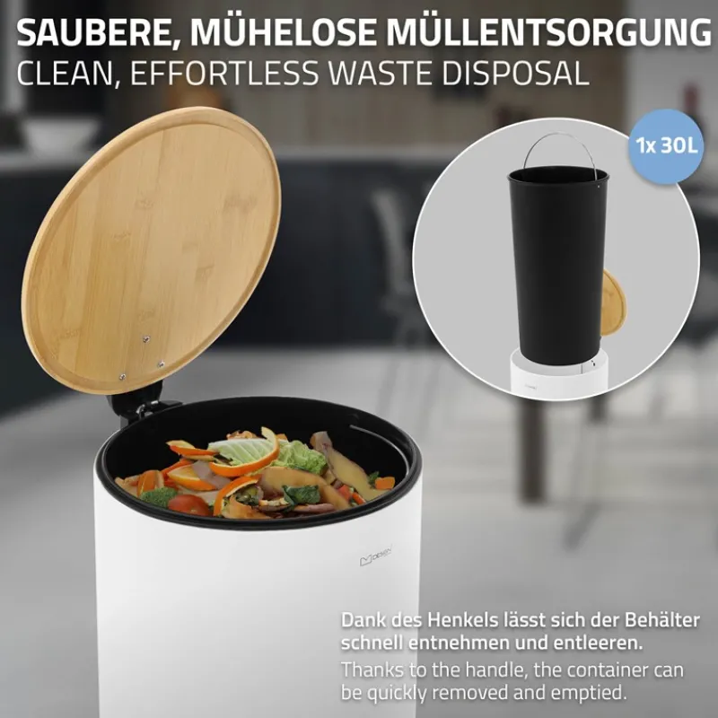 Mülleimer 30L rund mit Fußpedal, Weiß, Stahl, Treteimer mit Bambusdeckel Softclose ML-Design-ECD Germany