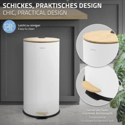 Mülleimer 30L rund mit Fußpedal, Weiß, Stahl, Treteimer mit Bambusdeckel Softclose ML-Design-ECD Germany