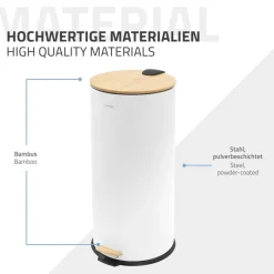 Mülleimer 30L rund mit Fußpedal, Weiß, Stahl, Treteimer mit Bambusdeckel Softclose ML-Design-ECD Germany