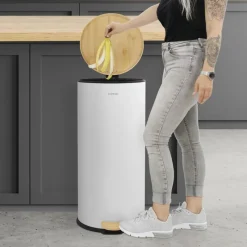Mülleimer 30L rund mit Fußpedal, Weiß, Stahl, Treteimer mit Bambusdeckel Softclose ML-Design-ECD Germany