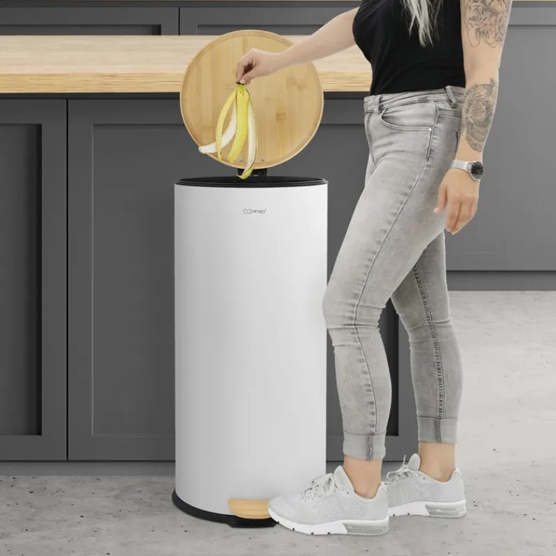 Mülleimer 30L rund mit Fußpedal, Weiß, Stahl, Treteimer mit Bambusdeckel Softclose ML-Design-ECD Germany