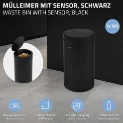 Mülleimer mit Sensor 30L rund aus Stahl Schwarz matt Automatisches Öffnen & Schließen ML-Design-ECD Germany Hot