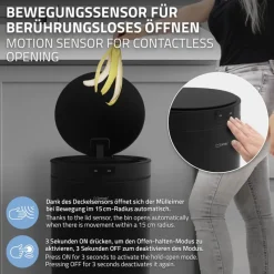 Mülleimer mit Sensor 30L rund aus Stahl Schwarz matt Automatisches Öffnen & Schließen ML-Design-ECD Germany Hot