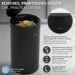 Mülleimer mit Sensor 30L rund aus Stahl Schwarz matt Automatisches Öffnen & Schließen ML-Design-ECD Germany Hot