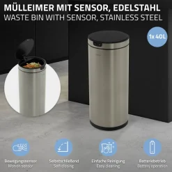 Mülleimer mit Sensor 40L rund aus Edelstahl, Silber, Automatisches Öffnen & Schließen ML-Design-ECD Germany Sale