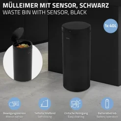 Mülleimer mit Sensor 40L rund aus Stahl Schwarz matt Automatisches Öffnen & Schließen ML-Design-ECD Germany Sale