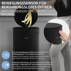 Mülleimer mit Sensor 40L rund aus Stahl Schwarz matt Automatisches Öffnen & Schließen ML-Design-ECD Germany Sale