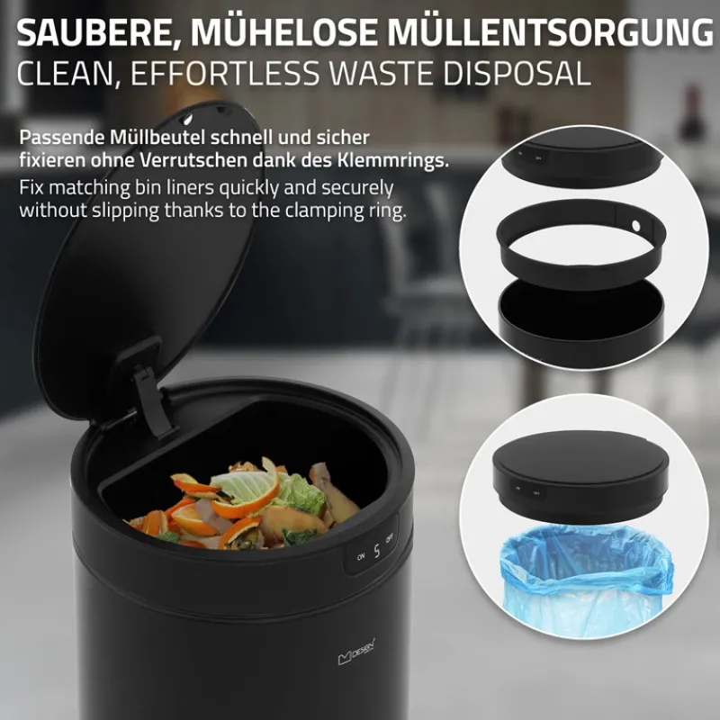 Mülleimer mit Sensor 40L rund aus Stahl Schwarz matt Automatisches Öffnen & Schließen ML-Design-ECD Germany Sale