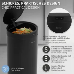Mülleimer mit Sensor 40L rund aus Stahl Schwarz matt Automatisches Öffnen & Schließen ML-Design-ECD Germany Sale