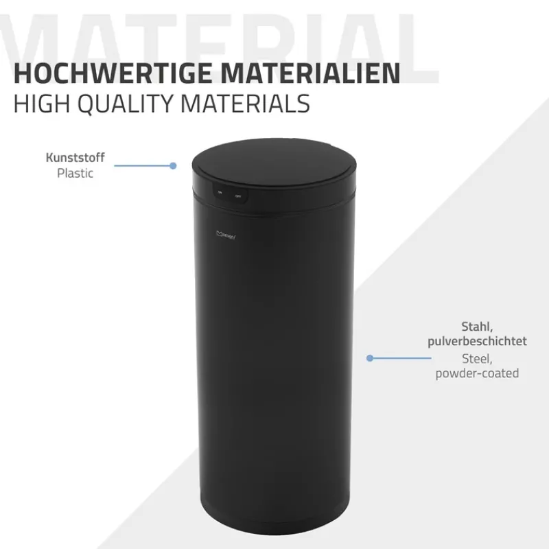 Mülleimer mit Sensor 40L rund aus Stahl Schwarz matt Automatisches Öffnen & Schließen ML-Design-ECD Germany Sale
