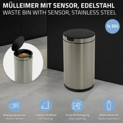 Mülleimer mit Sensor 30L rund aus Edelstahl, Silber, Automatisches Öffnen & Schließen ML-Design-ECD Germany