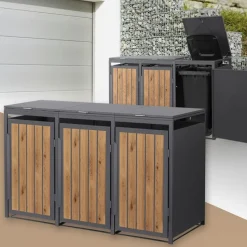 Mülltonnenbox 3er bis 240 Liter 196x80x120 cm aus Stahl in EAnthrazit-Holzoptik ML-Design-ECD Germany New