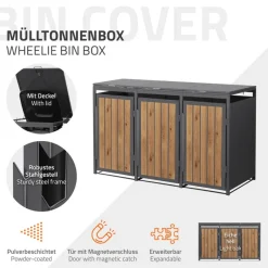 Mülltonnenbox 3er bis 240 Liter 196x80x120 cm aus Stahl in EAnthrazit-Holzoptik ML-Design-ECD Germany New