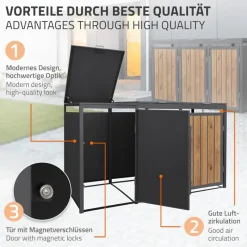 Mülltonnenbox 3er bis 240 Liter 196x80x120 cm aus Stahl in EAnthrazit-Holzoptik ML-Design-ECD Germany New
