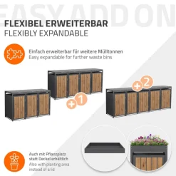 Mülltonnenbox 3er bis 240 Liter 196x80x120 cm aus Stahl in EAnthrazit-Holzoptik ML-Design-ECD Germany New