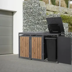 Mülltonnenbox 3er bis 240 Liter 196x80x120 cm aus Stahl in EAnthrazit-Holzoptik ML-Design-ECD Germany New