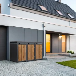 Mülltonnenbox 3er bis 240 Liter 196x80x120 cm aus Stahl in EAnthrazit-Holzoptik ML-Design-ECD Germany New