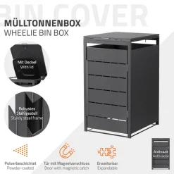 Mülltonnenbox 1er bis 240 Liter 68x80x120 cm aus Stahl in Anthrazit ML-Design-ECD Germany