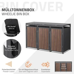 Mülltonnenbox 3er bis 240 Liter 196x80x120 cm aus Stahl in Anthrazit-Eiche dunkel ML-Design-ECD Germany Online