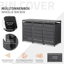 Mülltonnenbox 3er bis 240 Liter 196x80x124 cm aus Stahl in Anthrazit ML-Design-ECD Germany Hot
