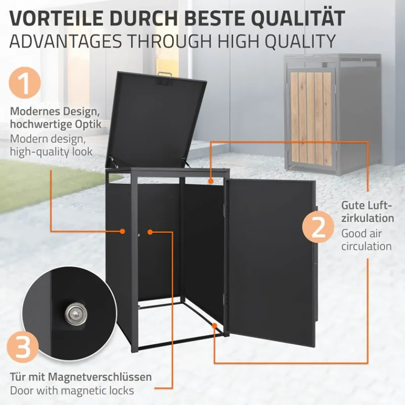 Mülltonnenbox 1er bis 240 Liter 68x80x120 cm aus Stahl in Anthrazit-Holzoptik ML-Design-ECD Germany Discount