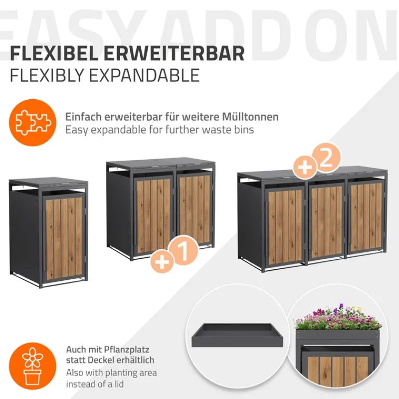 Mülltonnenbox 1er bis 240 Liter 68x80x120 cm aus Stahl in Anthrazit-Holzoptik ML-Design-ECD Germany Discount