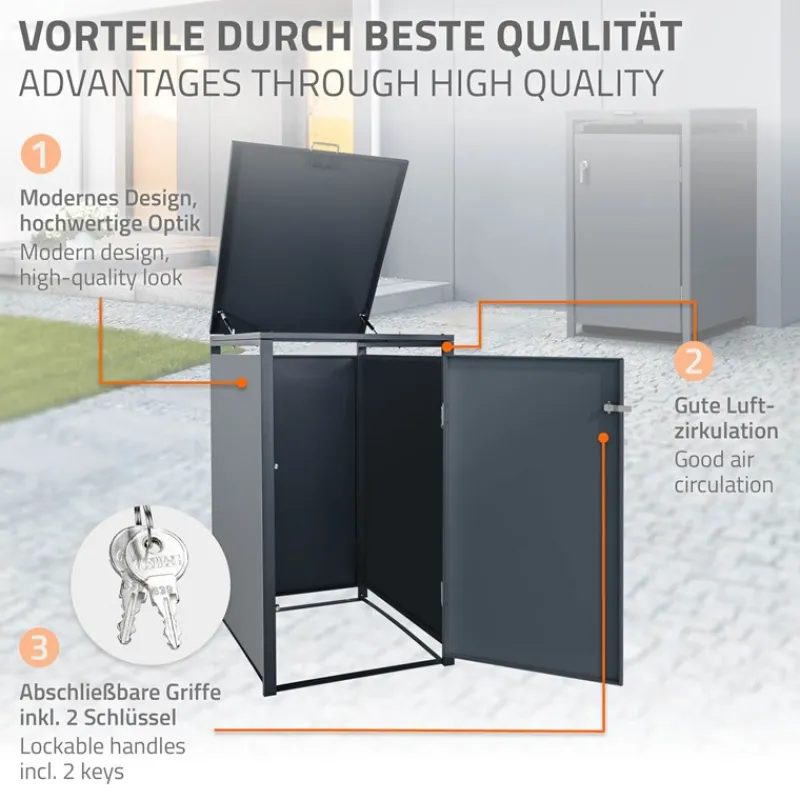 Mülltonnenbox 1er bis 240 Liter 68x80x116,3 cm aus Stahl in Anthrazit ML-Design-ECD Germany Best