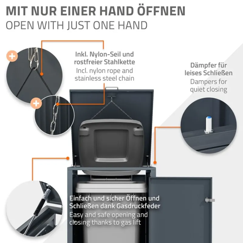 Mülltonnenbox 1er bis 240 Liter 68x80x116,3 cm aus Stahl in Anthrazit ML-Design-ECD Germany Best