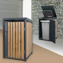 Mülltonnenbox 1er bis 240L 68x80x116,3 cm aus Stahl in Eichenoptik ML-Design-ECD Germany Best