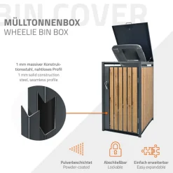 Mülltonnenbox 1er bis 240L 68x80x116,3 cm aus Stahl in Eichenoptik ML-Design-ECD Germany Best