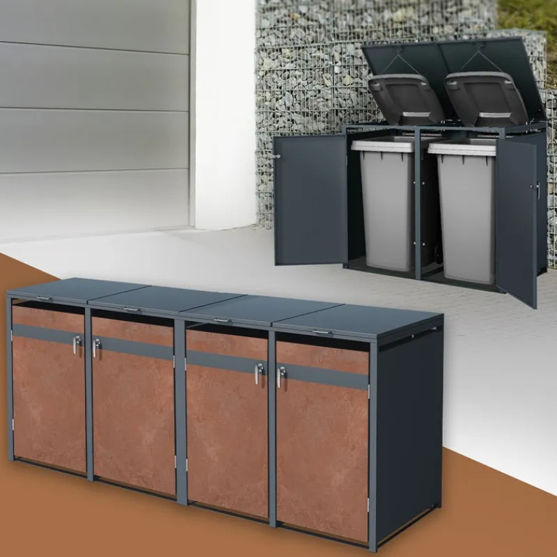 Mülltonnenbox 4er bis 240L 264x80x116,3 cm aus Stahl in Rostoptik ML-Design-ECD Germany Outlet