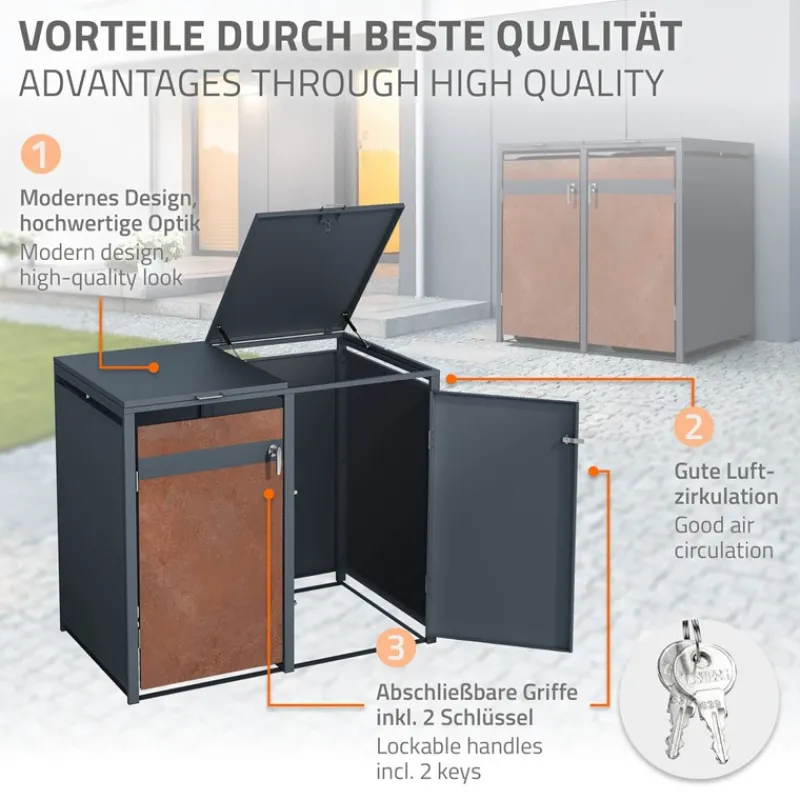 Mülltonnenbox 4er bis 240L 264x80x116,3 cm aus Stahl in Rostoptik ML-Design-ECD Germany Outlet