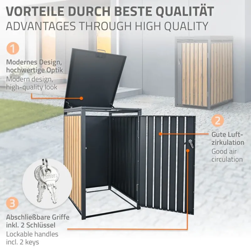 Mülltonnenbox 1er bis 240L 68x80x116,3 cm aus Stahl in Lärchenoptik ML-Design-ECD Germany Clearance