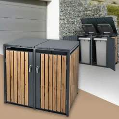 Mülltonnenbox 2er bis 240L 132x80x116,3 cm aus Stahl in Eichenoptik ML-Design-ECD Germany Sale