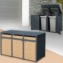 Mülltonnenbox 3er bis 240L 200x80x116,3 cm aus Stahl in Lärchenoptik ML-Design-ECD Germany Discount