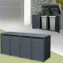 Mülltonnenbox 4er bis 240L 264x80x116,3 cm aus Stahl in Anthrazit ML-Design-ECD Germany Hot