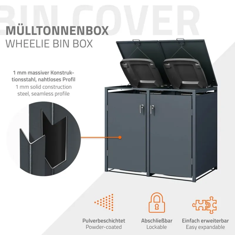 Mülltonnenbox 4er bis 240L 264x80x116,3 cm aus Stahl in Anthrazit ML-Design-ECD Germany Hot