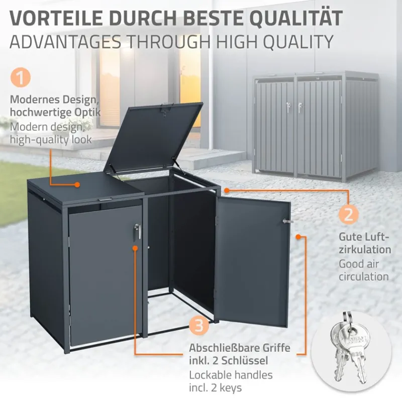 Mülltonnenbox 4er bis 240L 264x80x116,3 cm aus Stahl in Anthrazit ML-Design-ECD Germany Hot