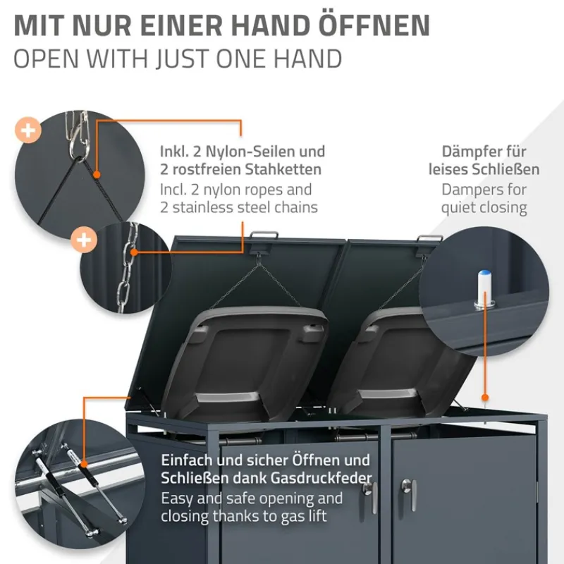 Mülltonnenbox 4er bis 240L 264x80x116,3 cm aus Stahl in Anthrazit ML-Design-ECD Germany Hot