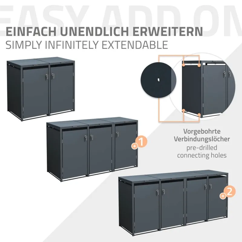Mülltonnenbox 4er bis 240L 264x80x116,3 cm aus Stahl in Anthrazit ML-Design-ECD Germany Hot