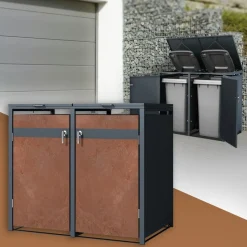 Mülltonnenbox 2er bis 240L 132x80x116,3 cm aus Stahl in Rostoptik ML-Design-ECD Germany Clearance