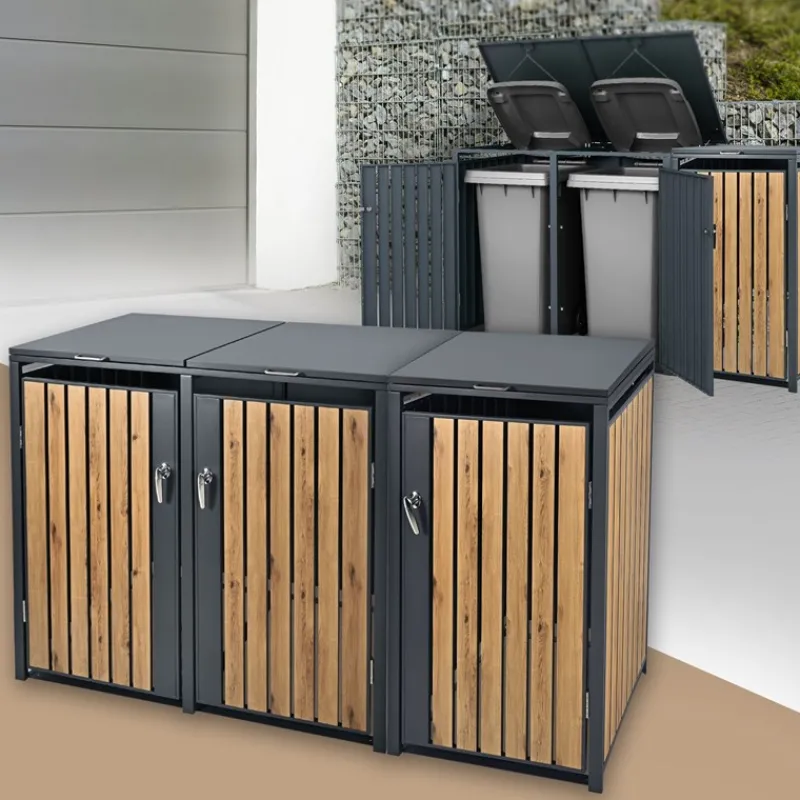 Mülltonnenbox 3er bis 240L 200x80x116,3 cm aus Stahl in Eichenoptik ML-Design-ECD Germany Clearance