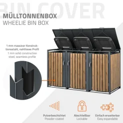 Mülltonnenbox 3er bis 240L 200x80x116,3 cm aus Stahl in Eichenoptik ML-Design-ECD Germany Clearance