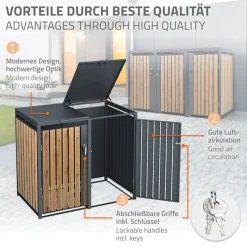 Mülltonnenbox 3er bis 240L 200x80x116,3 cm aus Stahl in Eichenoptik ML-Design-ECD Germany Clearance