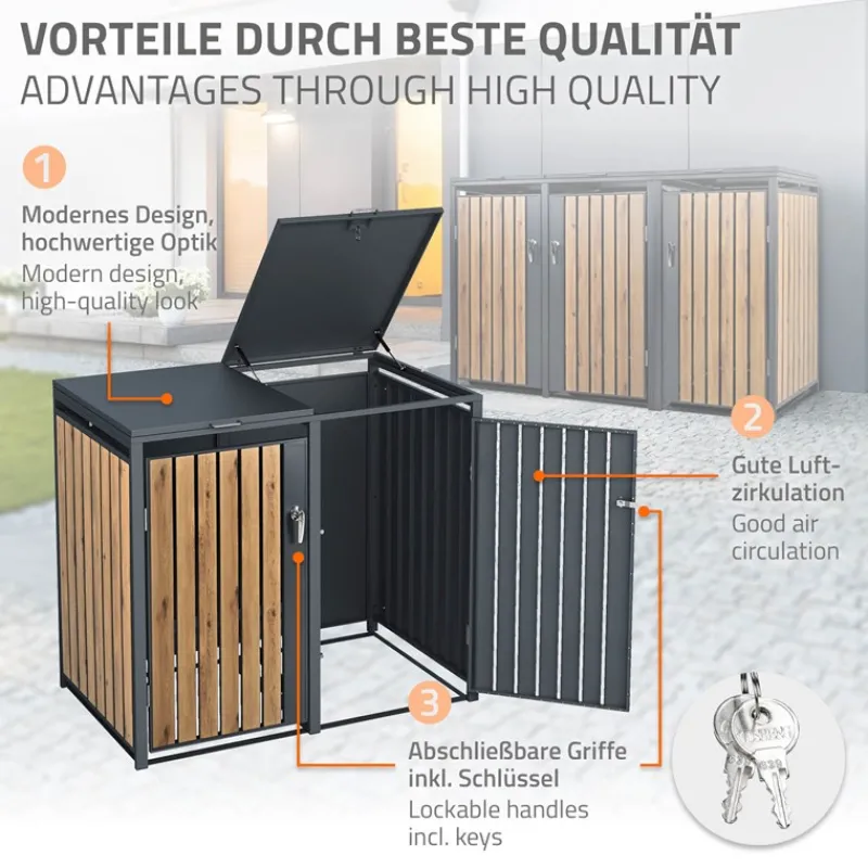 Mülltonnenbox 3er bis 240L 200x80x116,3 cm aus Stahl in Eichenoptik ML-Design-ECD Germany Clearance