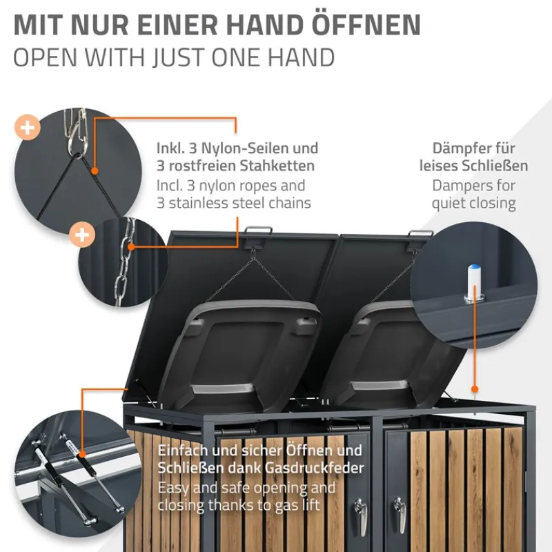 Mülltonnenbox 3er bis 240L 200x80x116,3 cm aus Stahl in Eichenoptik ML-Design-ECD Germany Clearance