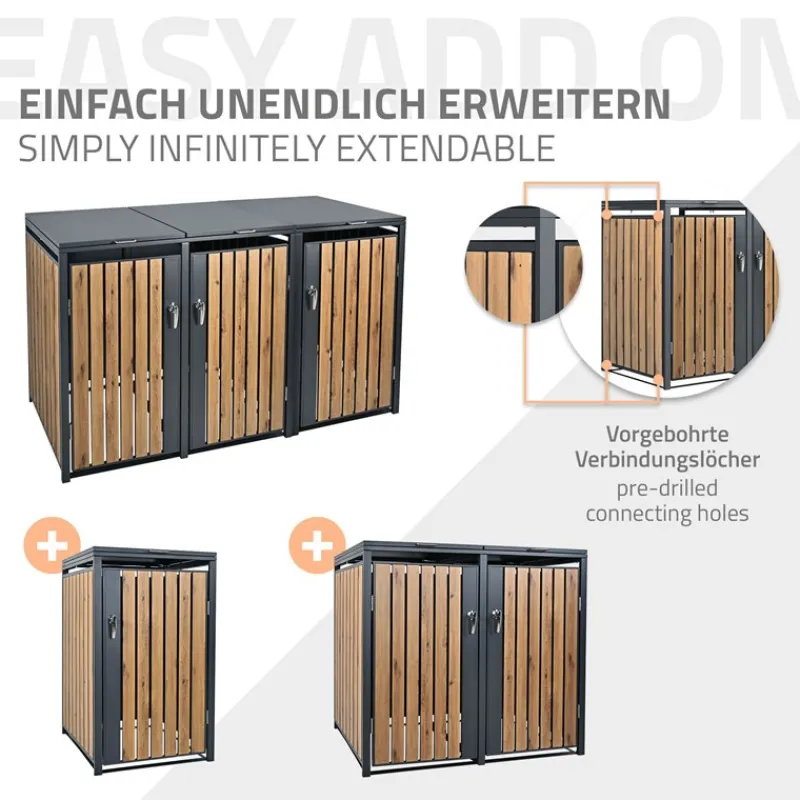 Mülltonnenbox 3er bis 240L 200x80x116,3 cm aus Stahl in Eichenoptik ML-Design-ECD Germany Clearance