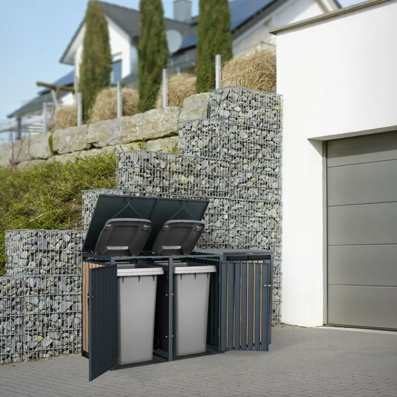 Mülltonnenbox 3er bis 240L 200x80x116,3 cm aus Stahl in Eichenoptik ML-Design-ECD Germany Clearance