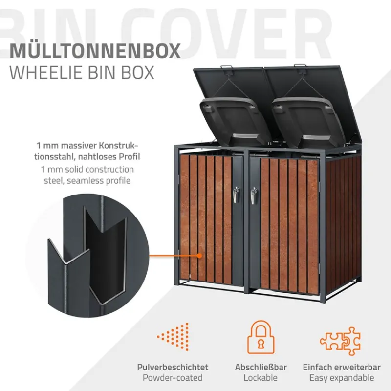 Mülltonnenbox 4er bis 240L 264x80x116,3 cm aus Stahl in Rostoptik ML-Design-ECD Germany