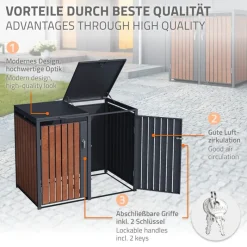 Mülltonnenbox 4er bis 240L 264x80x116,3 cm aus Stahl in Rostoptik ML-Design-ECD Germany